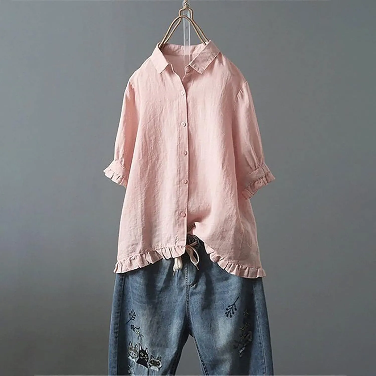 3/4 Sleeve Linen Tops for Women Ruffle 2024 Oversized Summer Tunics Casual Short Sleeve Cute Loose Fit Tshirt Fringe