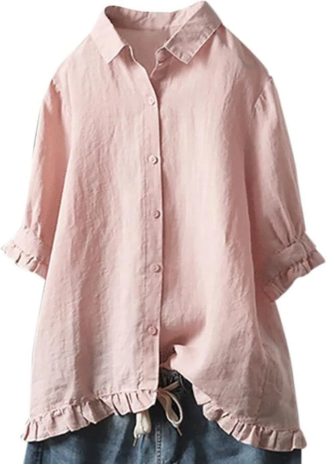 3/4 Sleeve Linen Tops for Women Ruffle 2024 Oversized Summer Tunics Casual Short Sleeve Cute Loose Fit Tshirt Fringe