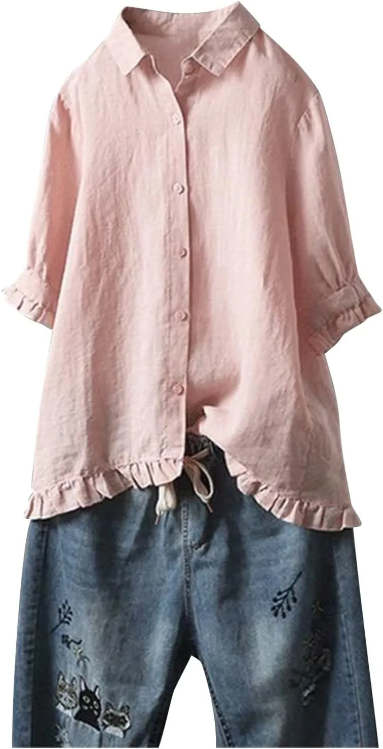 3/4 Sleeve Linen Tops for Women Ruffle 2024 Oversized Summer Tunics Casual Short Sleeve Cute Loose Fit Tshirt Fringe