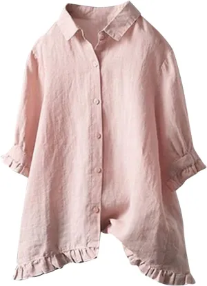 3/4 Sleeve Linen Tops for Women Ruffle 2024 Oversized Summer Tunics Casual Short Sleeve Cute Loose Fit Tshirt Fringe