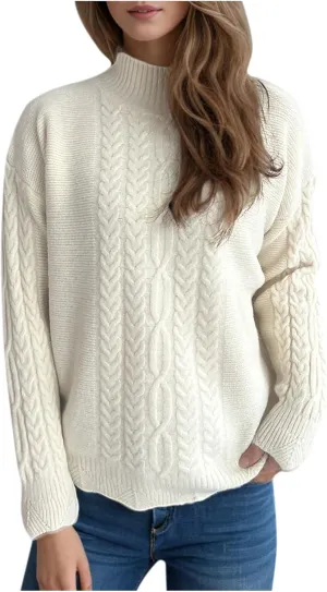 Casual Knitted Sweater Tops for Women's Cable Knit Lantern Sleeve High Neck Sweaters Fall Winter Warm Pullover Jumpers