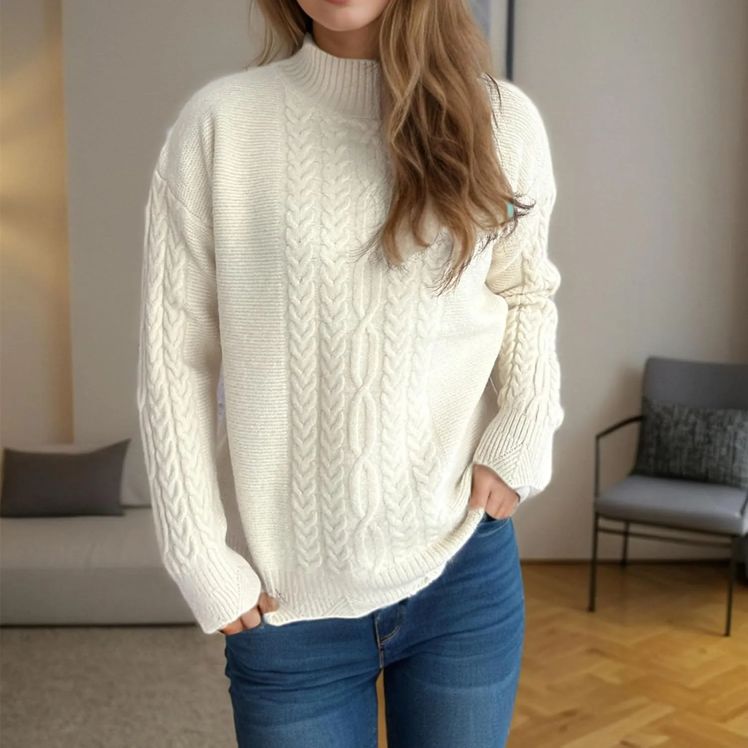 Casual Knitted Sweater Tops for Women's Cable Knit Lantern Sleeve High Neck Sweaters Fall Winter Warm Pullover Jumpers