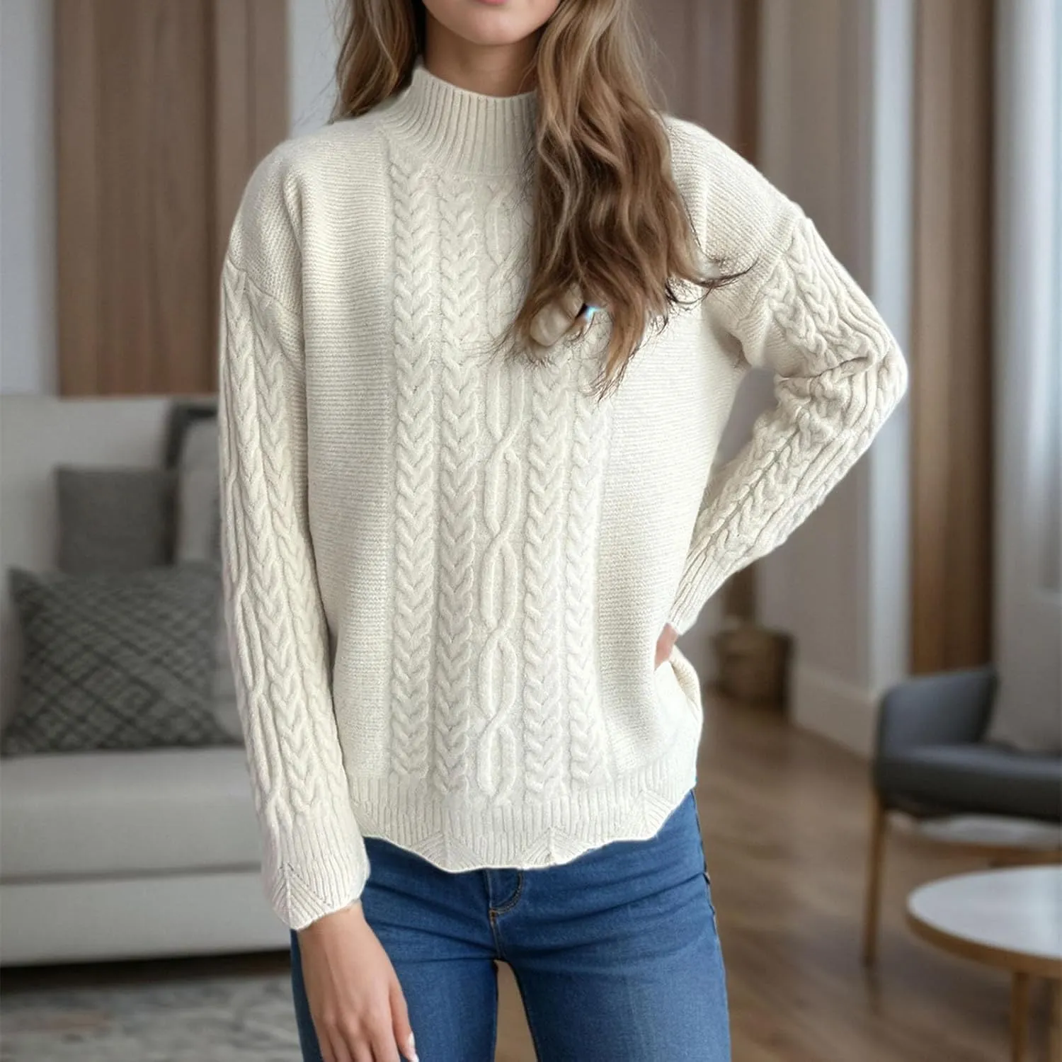 Casual Knitted Sweater Tops for Women's Cable Knit Lantern Sleeve High Neck Sweaters Fall Winter Warm Pullover Jumpers