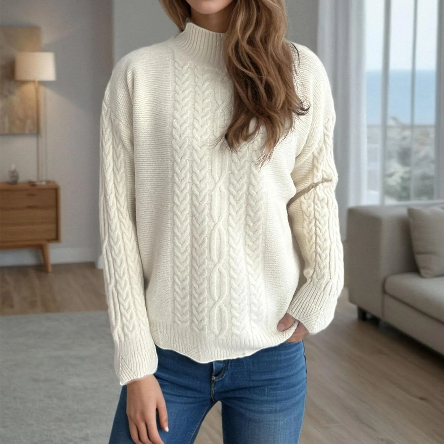 Casual Knitted Sweater Tops for Women's Cable Knit Lantern Sleeve High Neck Sweaters Fall Winter Warm Pullover Jumpers