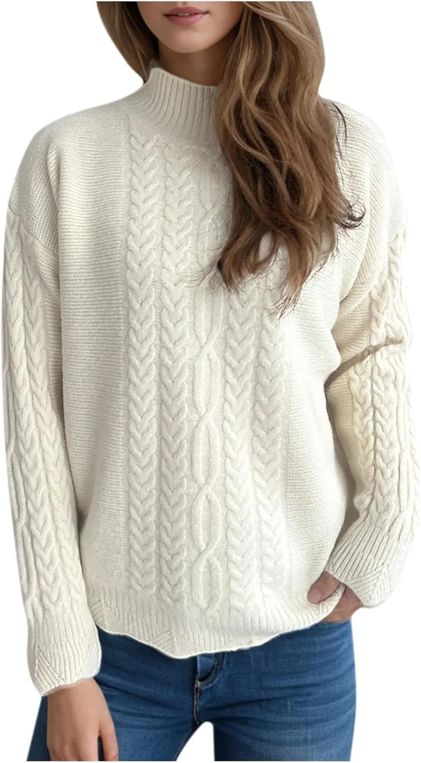 Casual Knitted Sweater Tops for Women's Cable Knit Lantern Sleeve High Neck Sweaters Fall Winter Warm Pullover Jumpers