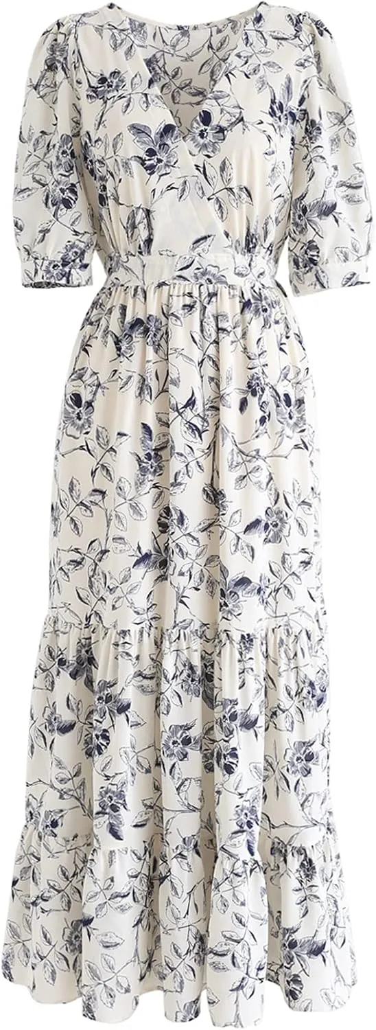 CHICWISH Women's Navy Floral Frilling Wrapped Maxi Dress