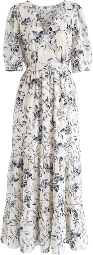 CHICWISH Women's Navy Floral Frilling Wrapped Maxi Dress