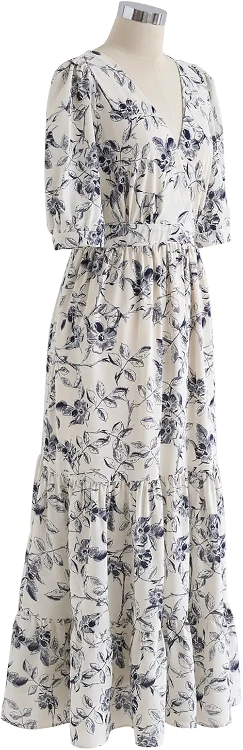 CHICWISH Women's Navy Floral Frilling Wrapped Maxi Dress