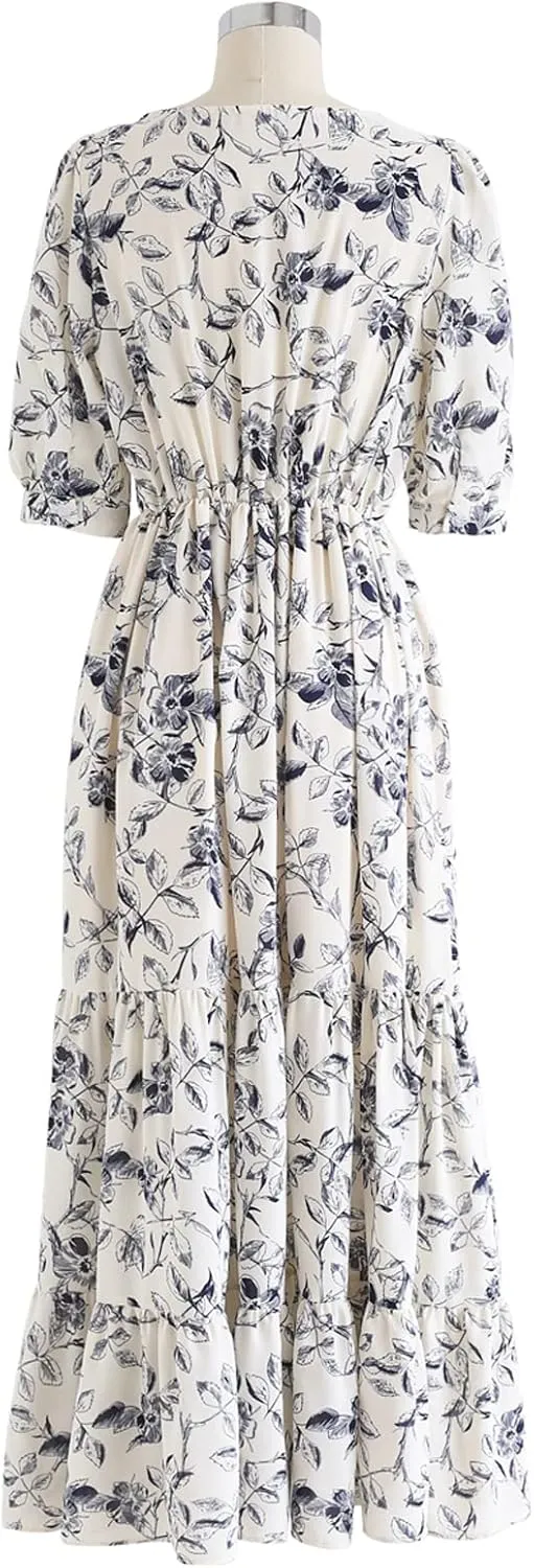 CHICWISH Women's Navy Floral Frilling Wrapped Maxi Dress