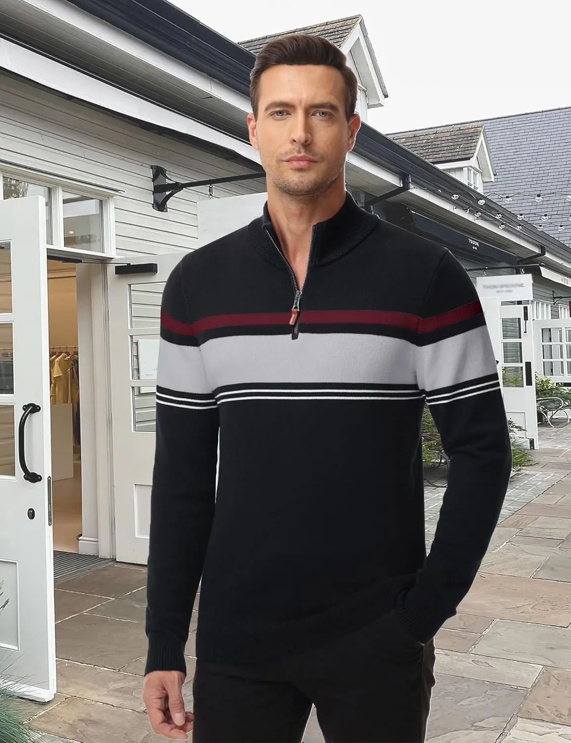 EKLENTSON Men's Sweaters 1/4 Zip Up Striped Long Sleeve Sweatshirts Casual Fall Winter Pullover Polo Sweaters