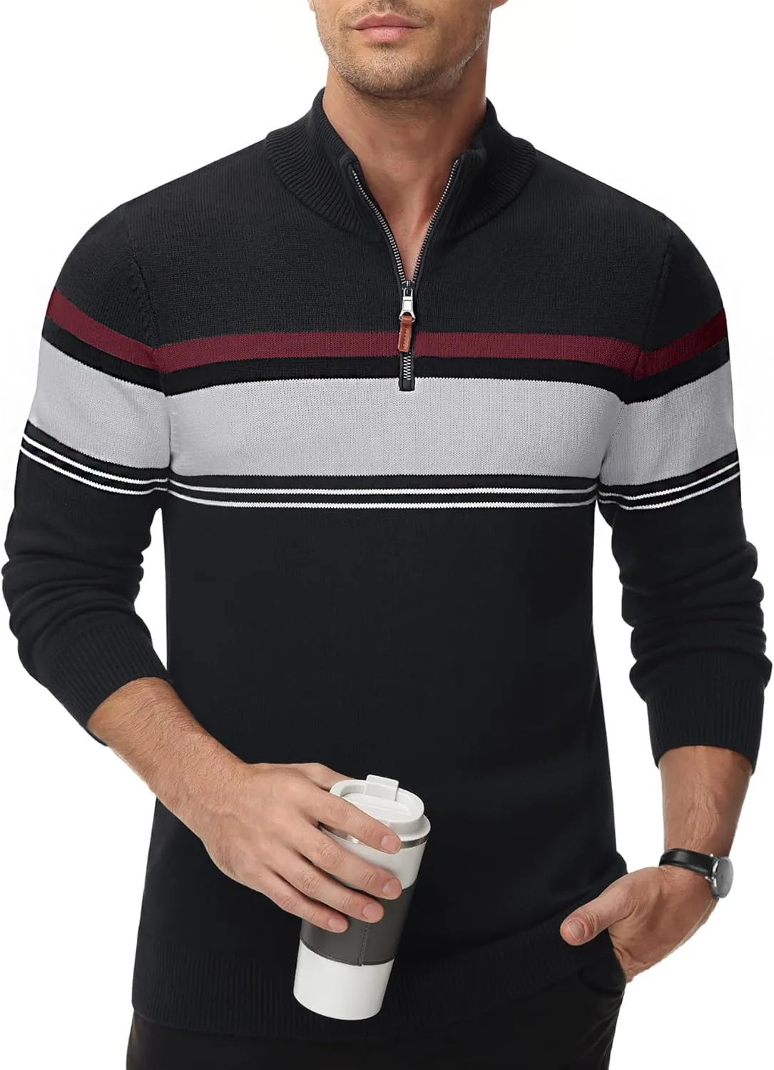 EKLENTSON Men's Sweaters 1/4 Zip Up Striped Long Sleeve Sweatshirts Casual Fall Winter Pullover Polo Sweaters