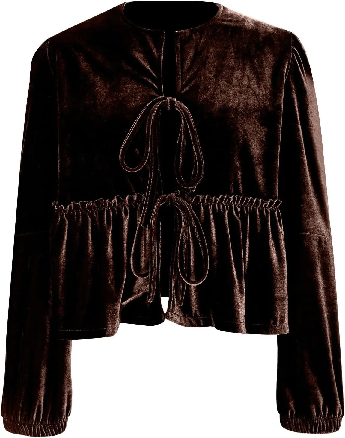 Elegant Tops for Women Trendy 2025 Long Sleeve Bow Tie Front Crop Velvet Shirts Cute Y2K Cloth Peplum Babydoll Blouse