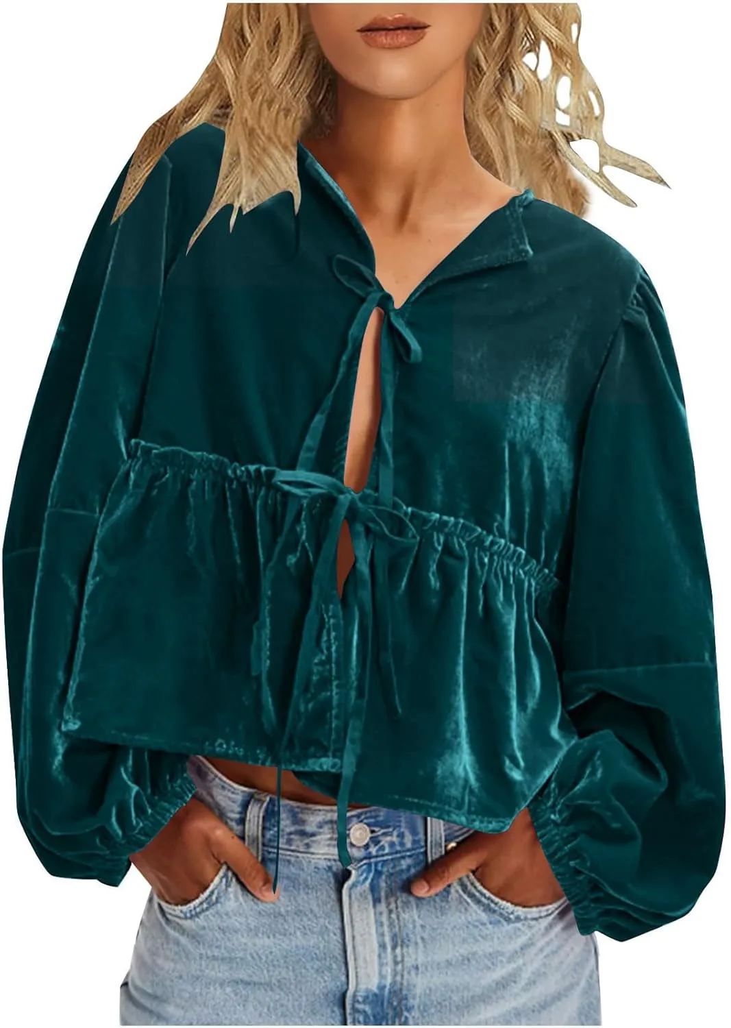 Elegant Tops for Women Trendy 2025 Long Sleeve Bow Tie Front Crop Velvet Shirts Cute Y2K Cloth Peplum Babydoll Blouse