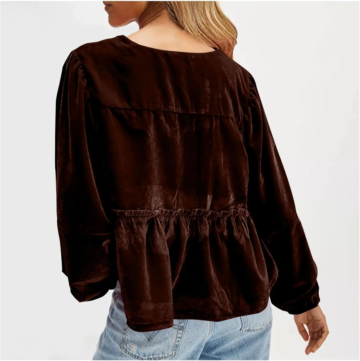 Elegant Tops for Women Trendy 2025 Long Sleeve Bow Tie Front Crop Velvet Shirts Cute Y2K Cloth Peplum Babydoll Blouse