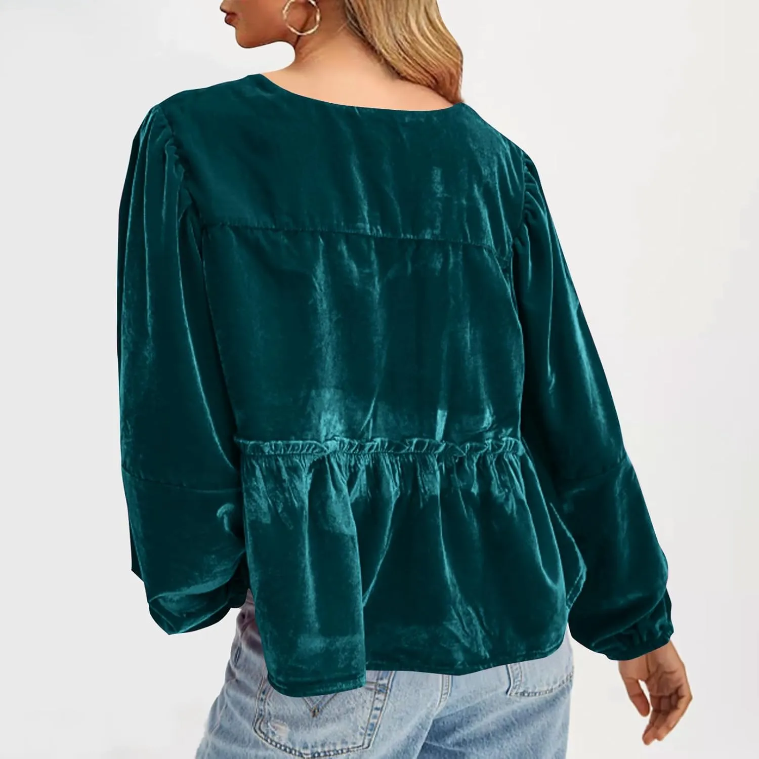 Elegant Tops for Women Trendy 2025 Long Sleeve Bow Tie Front Crop Velvet Shirts Cute Y2K Cloth Peplum Babydoll Blouse