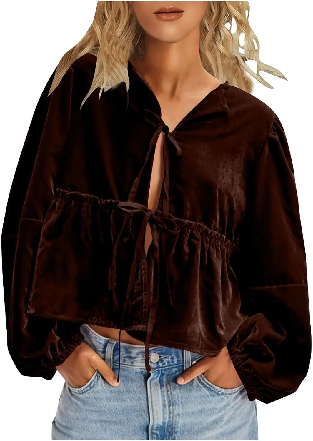 Elegant Tops for Women Trendy 2025 Long Sleeve Bow Tie Front Crop Velvet Shirts Cute Y2K Cloth Peplum Babydoll Blouse