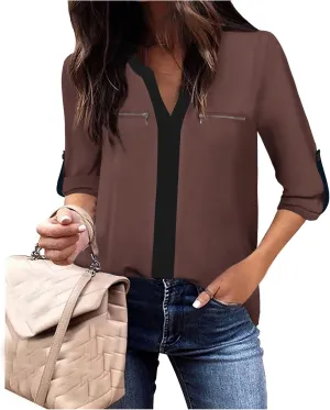 Gaharu Women's Casaul 3/4 Sleeve Shirts Tops V Neck Chiffon Blouses