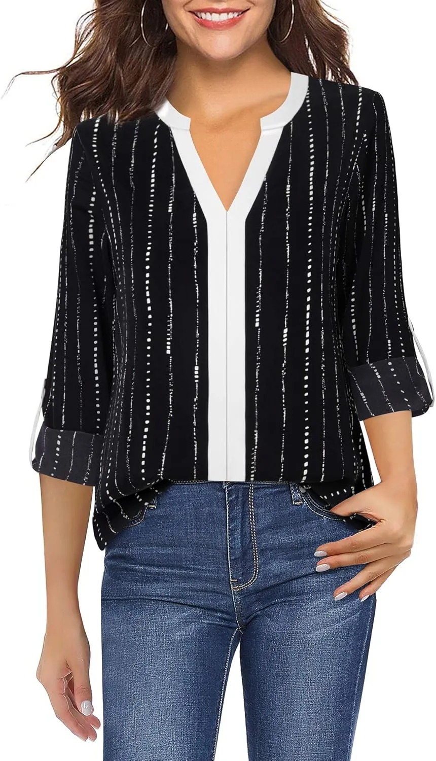 Gaharu Women's Casaul 3/4 Sleeve Shirts Tops V Neck Chiffon Blouses