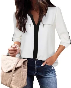 Gaharu Women's Casaul 3/4 Sleeve Shirts Tops V Neck Chiffon Blouses