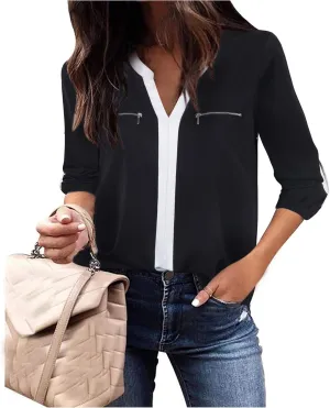 Gaharu Women's Casaul 3/4 Sleeve Shirts Tops V Neck Chiffon Blouses