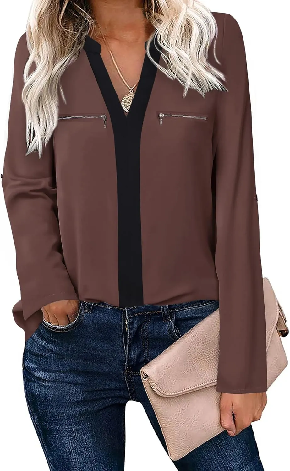 Gaharu Women's Casaul 3/4 Sleeve Shirts Tops V Neck Chiffon Blouses