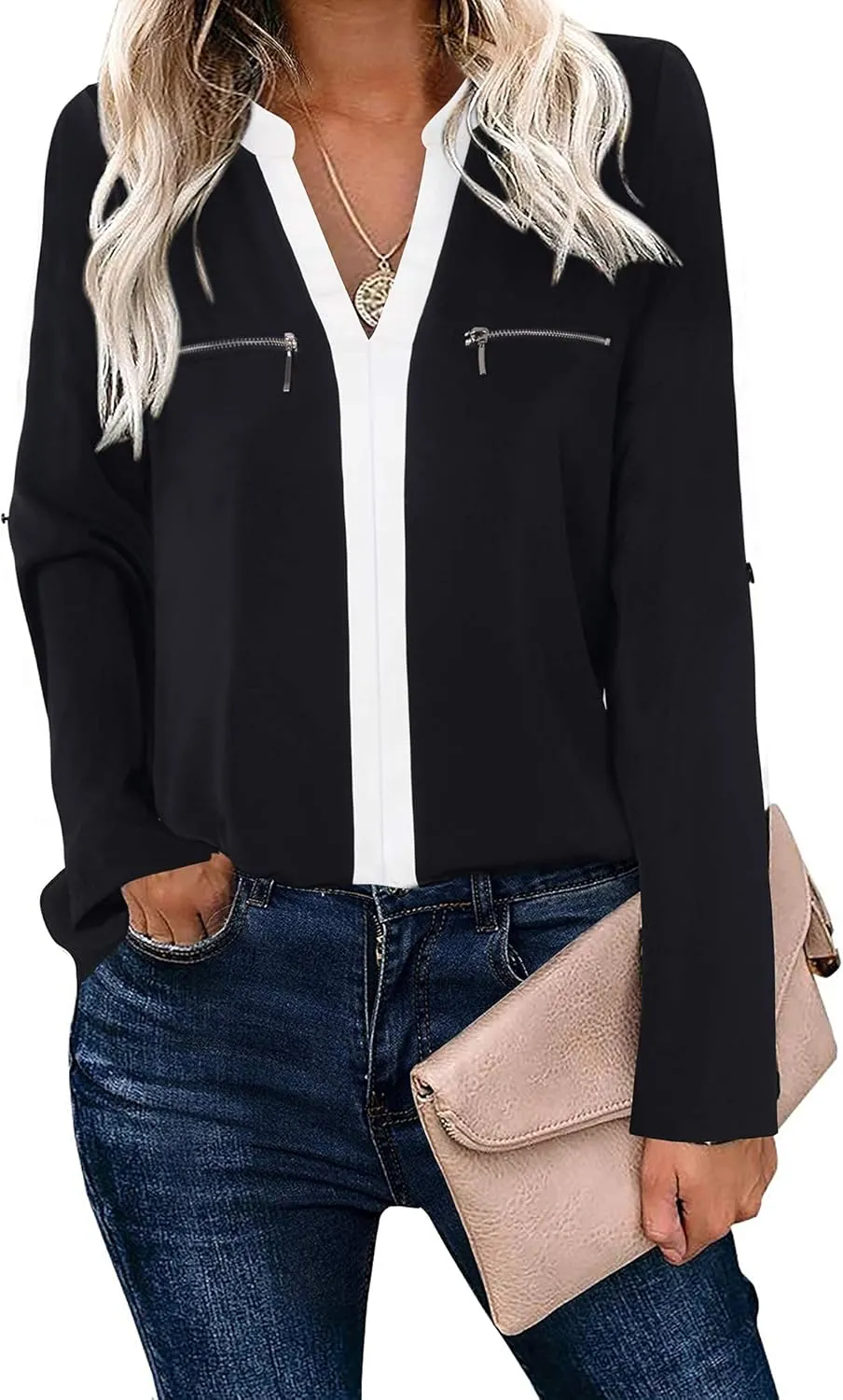 Gaharu Women's Casaul 3/4 Sleeve Shirts Tops V Neck Chiffon Blouses