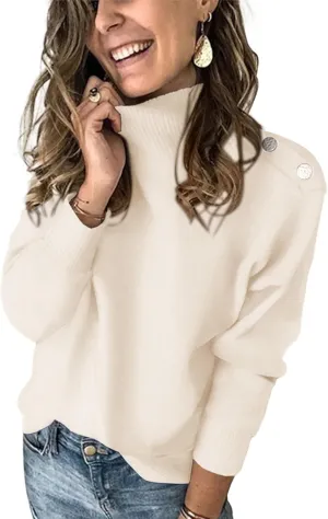 KIRUNDO Women's 2025 Fall Winter Long Sleeve Knit Sweater Turtleneck Striped Loose Pullover Tops Deco with Metal Buttons
