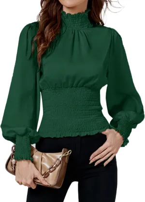 LYANER Women's Shirred Frill Mock Neck Smocked Puff Long Sleeve Blouse Top