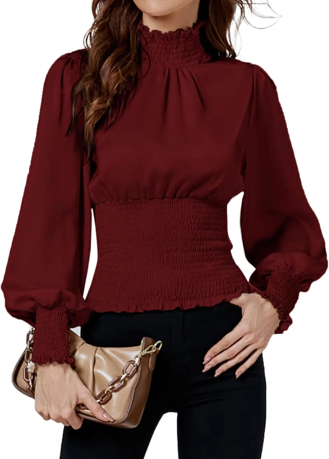 LYANER Women's Shirred Frill Mock Neck Smocked Puff Long Sleeve Blouse Top