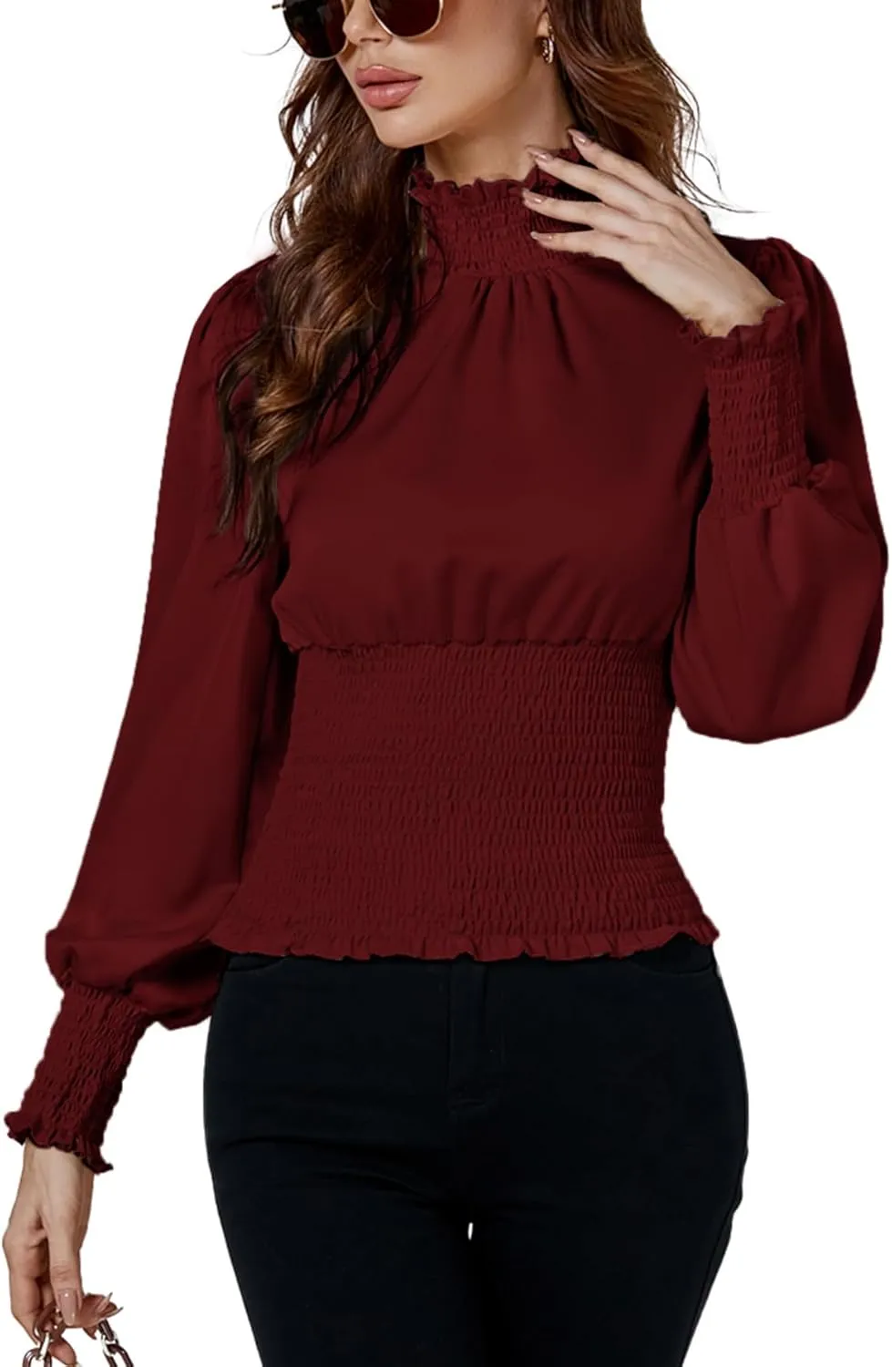 LYANER Women's Shirred Frill Mock Neck Smocked Puff Long Sleeve Blouse Top