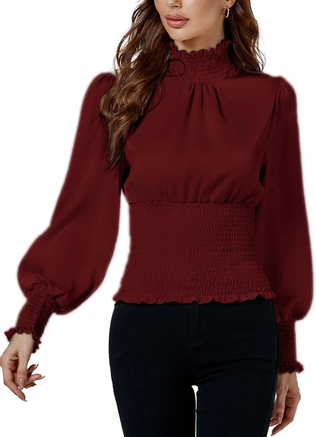 LYANER Women's Shirred Frill Mock Neck Smocked Puff Long Sleeve Blouse Top