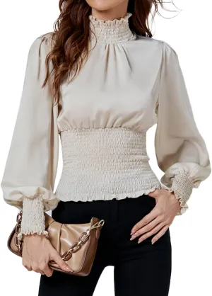 LYANER Women's Shirred Frill Mock Neck Smocked Puff Long Sleeve Blouse Top