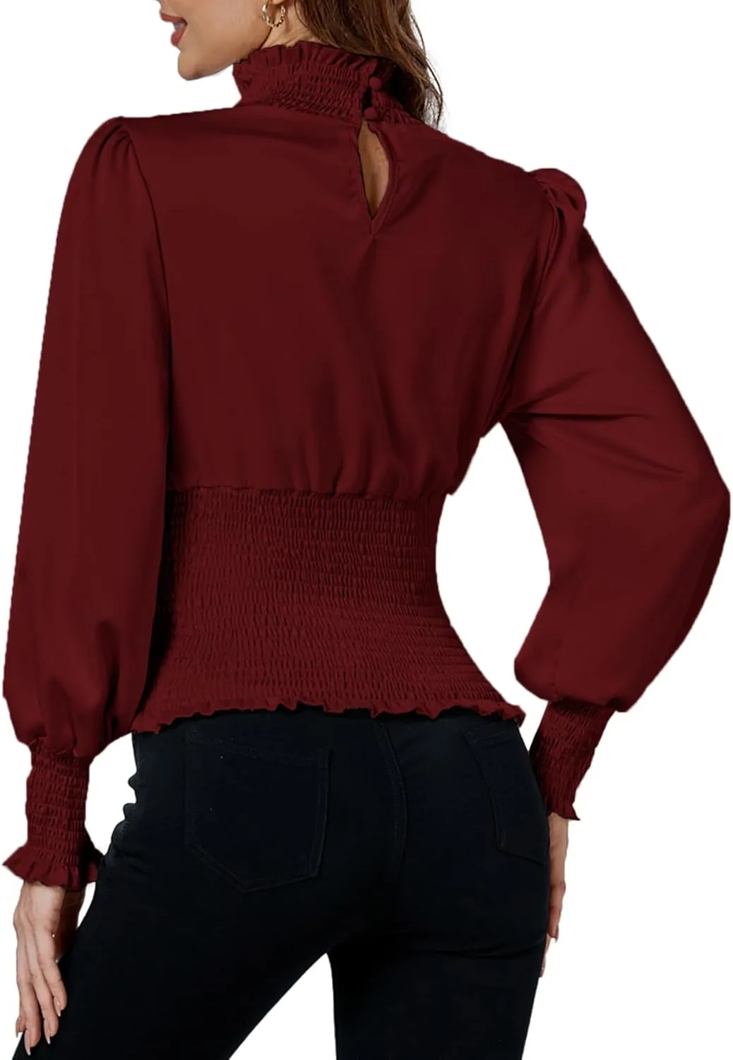LYANER Women's Shirred Frill Mock Neck Smocked Puff Long Sleeve Blouse Top