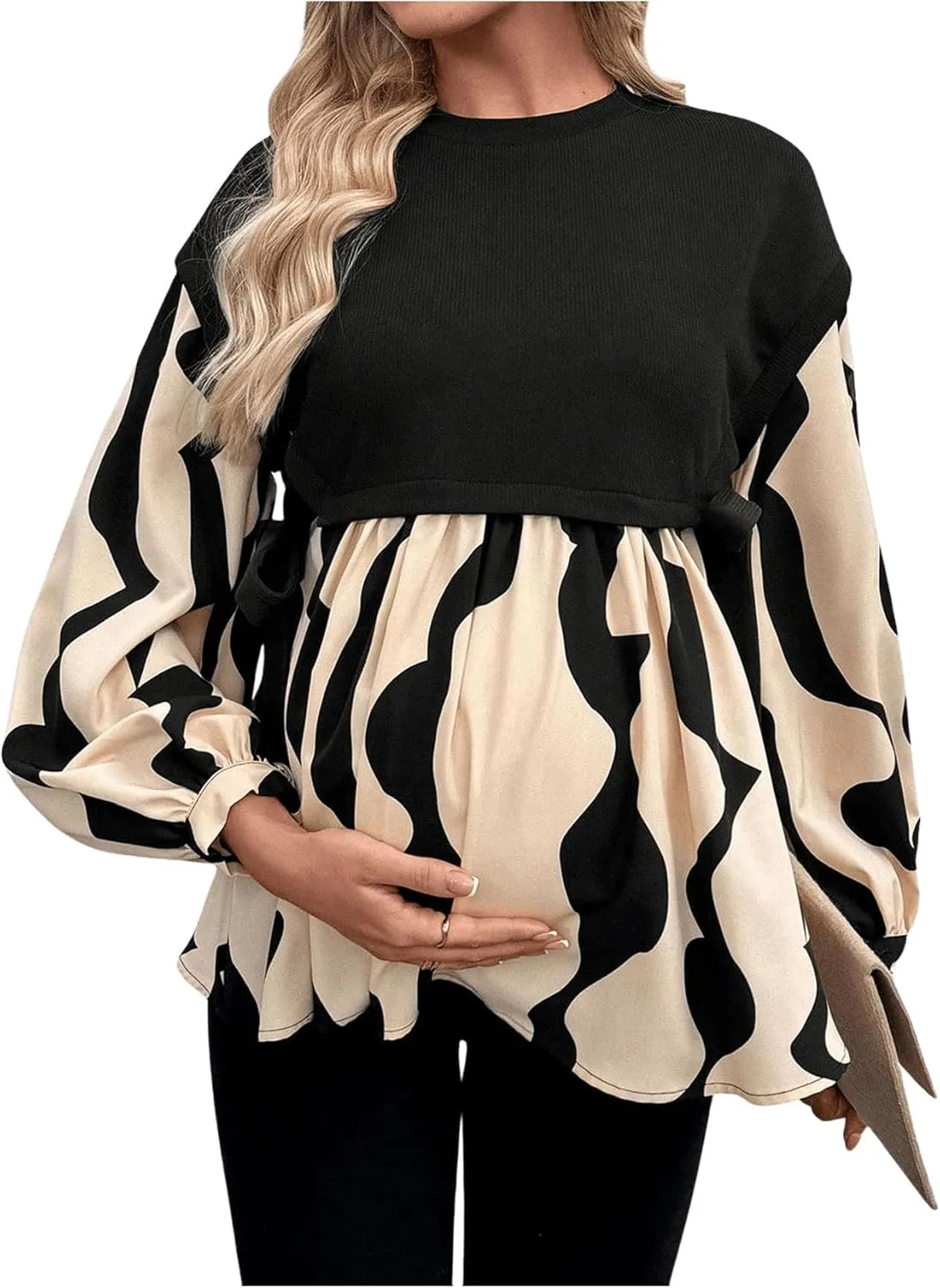 MakeMeChic Women's Maternity Blouse Graphic Print Long Sleeve Round Neck Shirts Peplum Tops