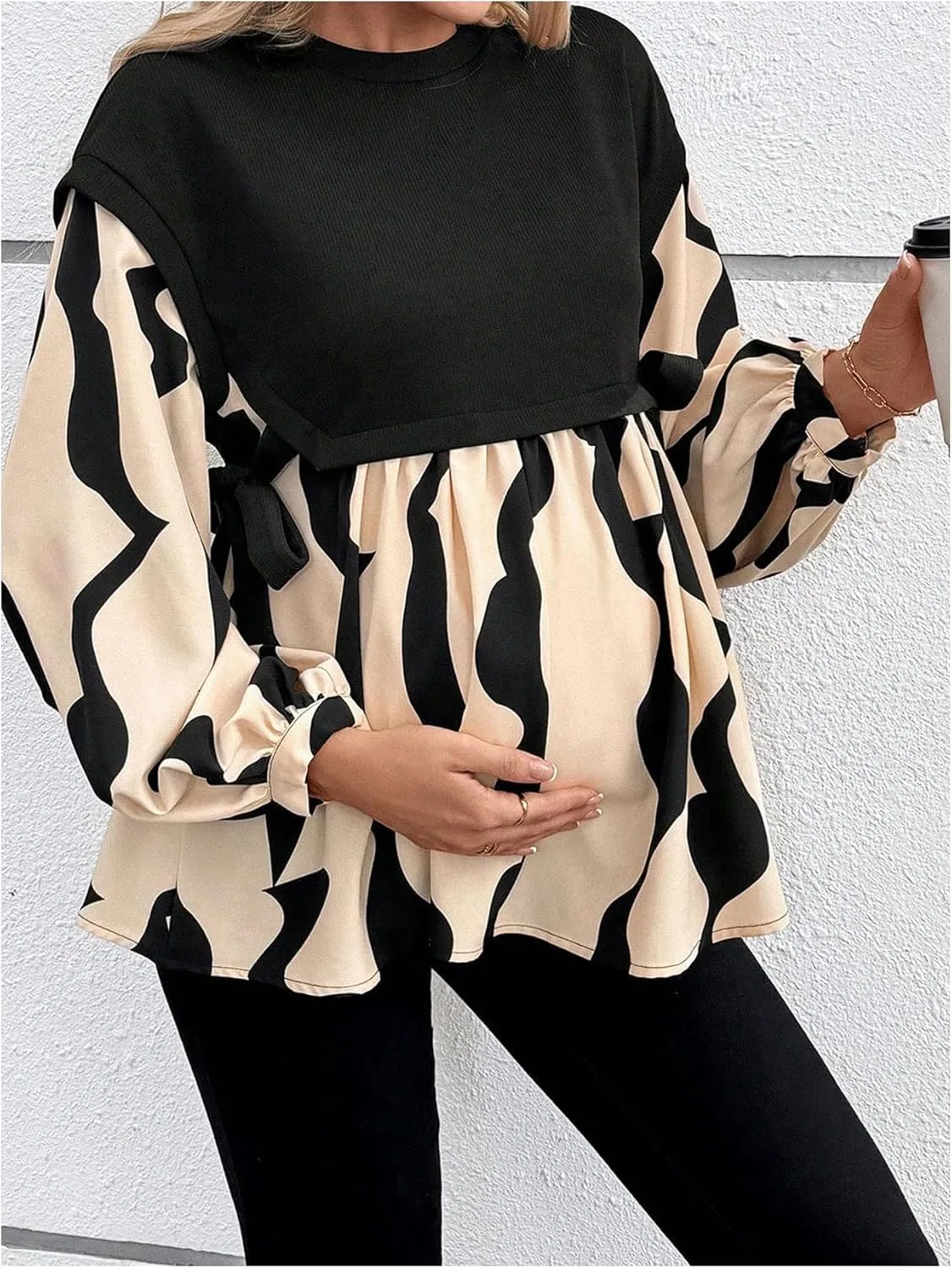 MakeMeChic Women's Maternity Blouse Graphic Print Long Sleeve Round Neck Shirts Peplum Tops