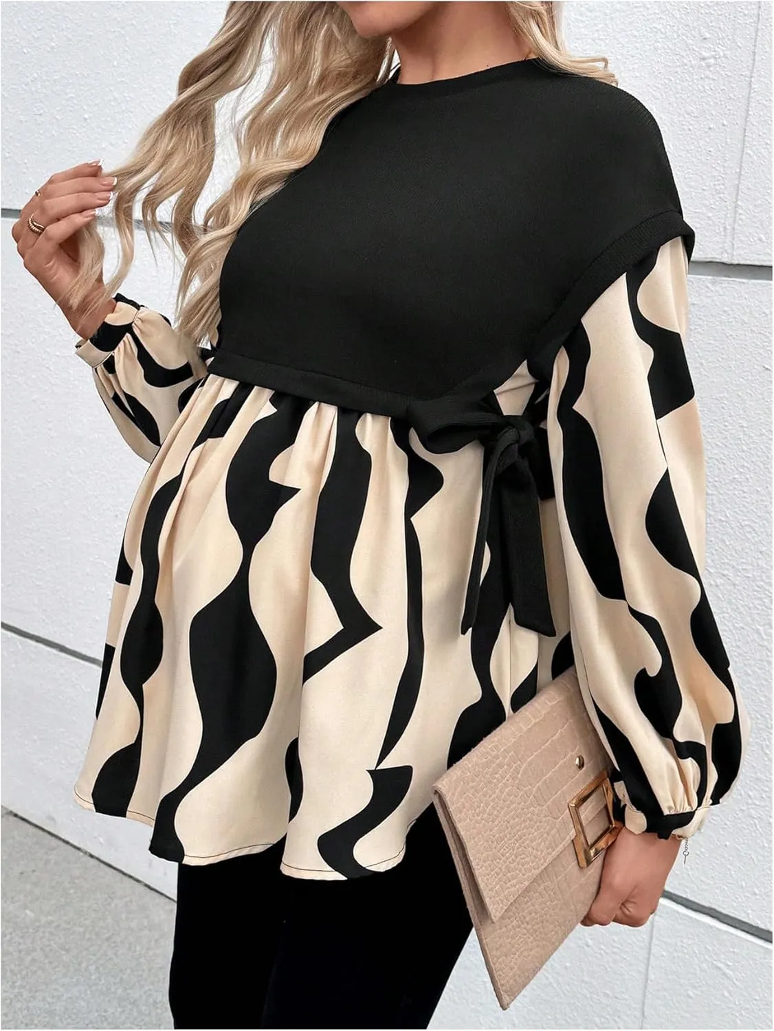 MakeMeChic Women's Maternity Blouse Graphic Print Long Sleeve Round Neck Shirts Peplum Tops