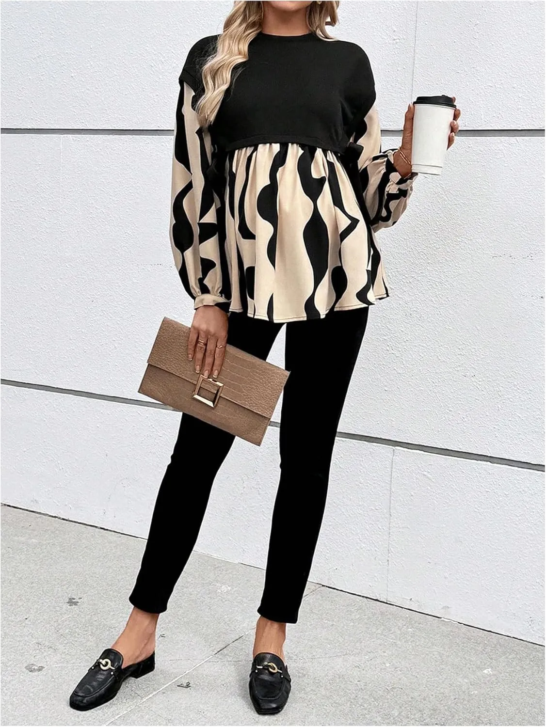 MakeMeChic Women's Maternity Blouse Graphic Print Long Sleeve Round Neck Shirts Peplum Tops
