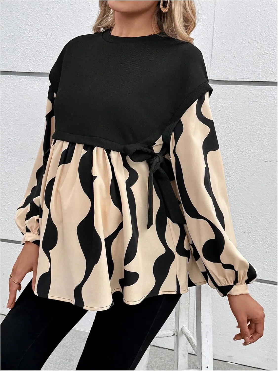 MakeMeChic Women's Maternity Blouse Graphic Print Long Sleeve Round Neck Shirts Peplum Tops