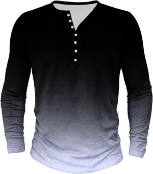 Mens Gradient Henley Shirts Vintage Long Sleeve Tees Casual Button Down V Neck T Shirt for Men Slim Fit Muscle Tops