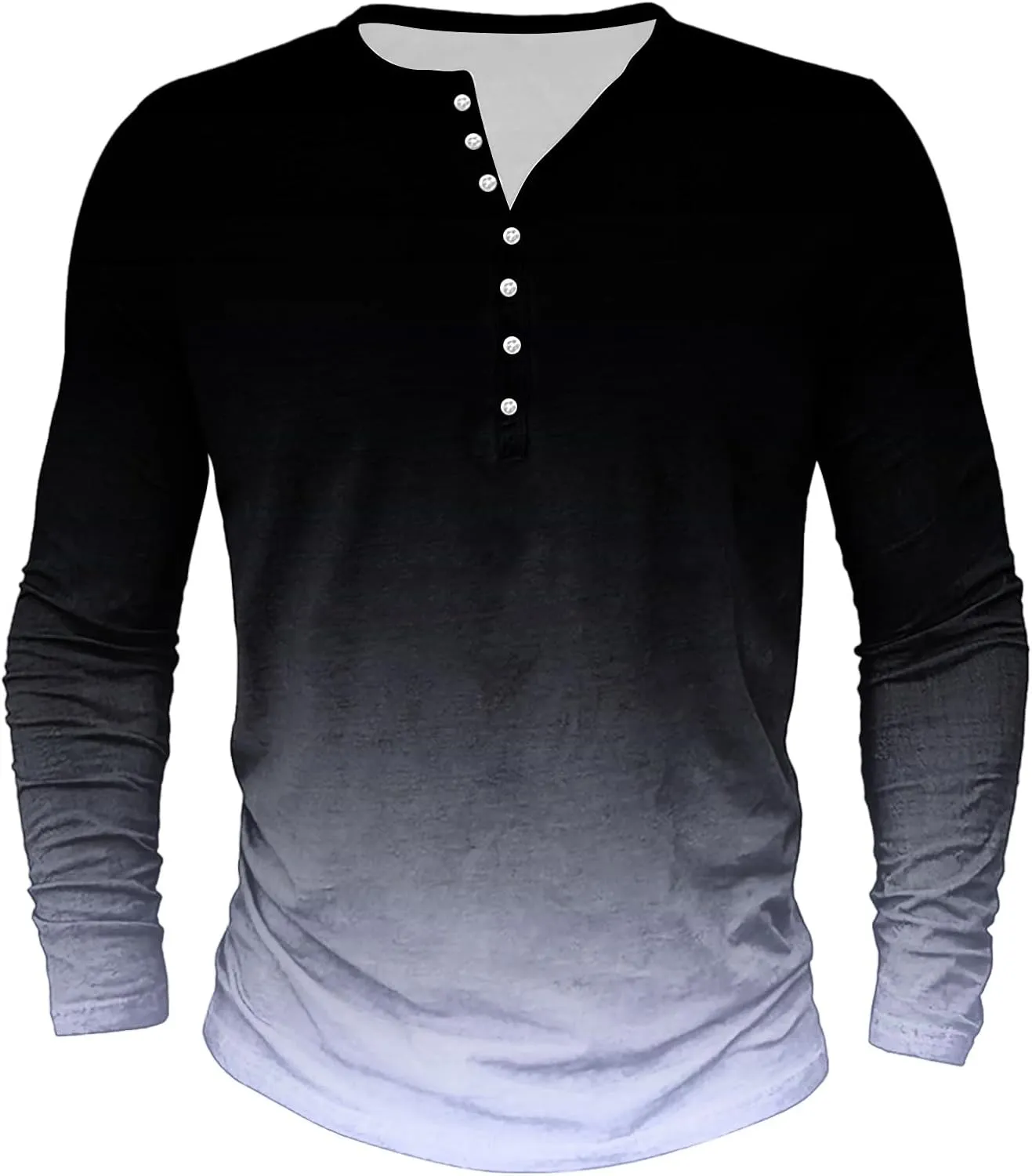 Mens Gradient Henley Shirts Vintage Long Sleeve Tees Casual Button Down V Neck T Shirt for Men Slim Fit Muscle Tops