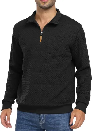 Men's Quarter Zip Up Sweatshirts with Chest Pocket Polo Pullover Sweater Long Sleeve Jacket Henley Waffle Knit