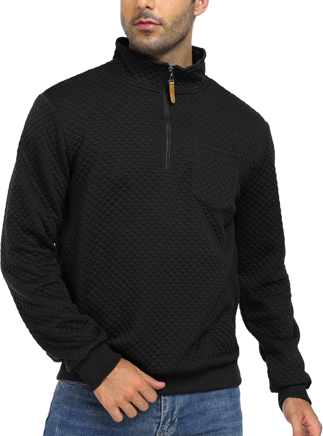Men's Quarter Zip Up Sweatshirts with Chest Pocket Polo Pullover Sweater Long Sleeve Jacket Henley Waffle Knit