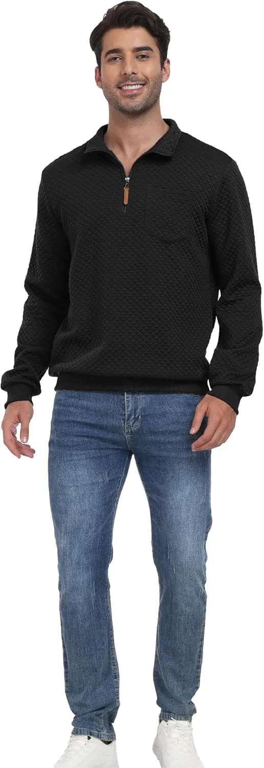 Men's Quarter Zip Up Sweatshirts with Chest Pocket Polo Pullover Sweater Long Sleeve Jacket Henley Waffle Knit