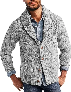 Mens Vintage Sweater Lightweight Button Down Sweaters Casual Cable Knit Cardigan Winter Sweater with Pockets