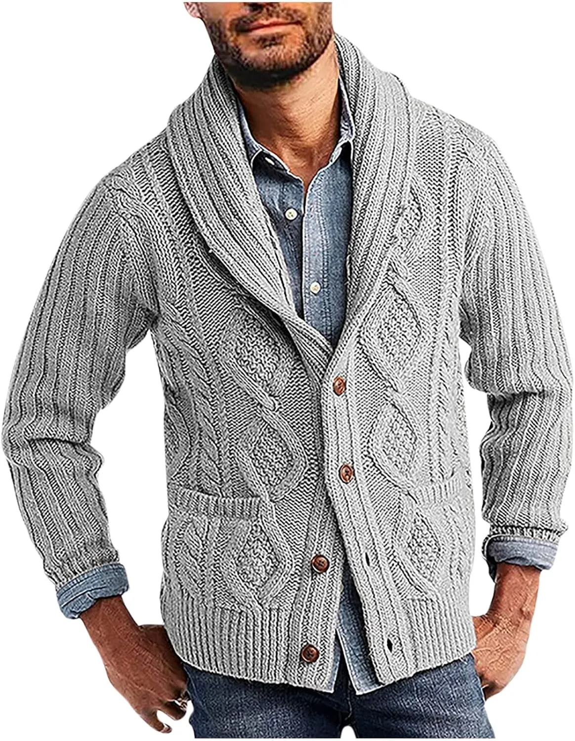Mens Vintage Sweater Lightweight Button Down Sweaters Casual Cable Knit Cardigan Winter Sweater with Pockets