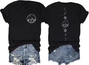 Moon and Sun Shirts for Women Vintage Graphic Tshirt Mountain Hiking Short Sleeve Tees Vacation Funny Shirt