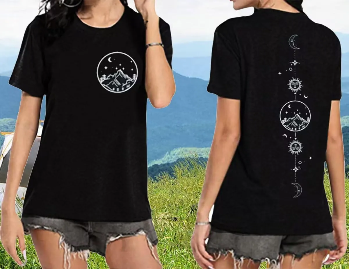 Moon and Sun Shirts for Women Vintage Graphic Tshirt Mountain Hiking Short Sleeve Tees Vacation Funny Shirt