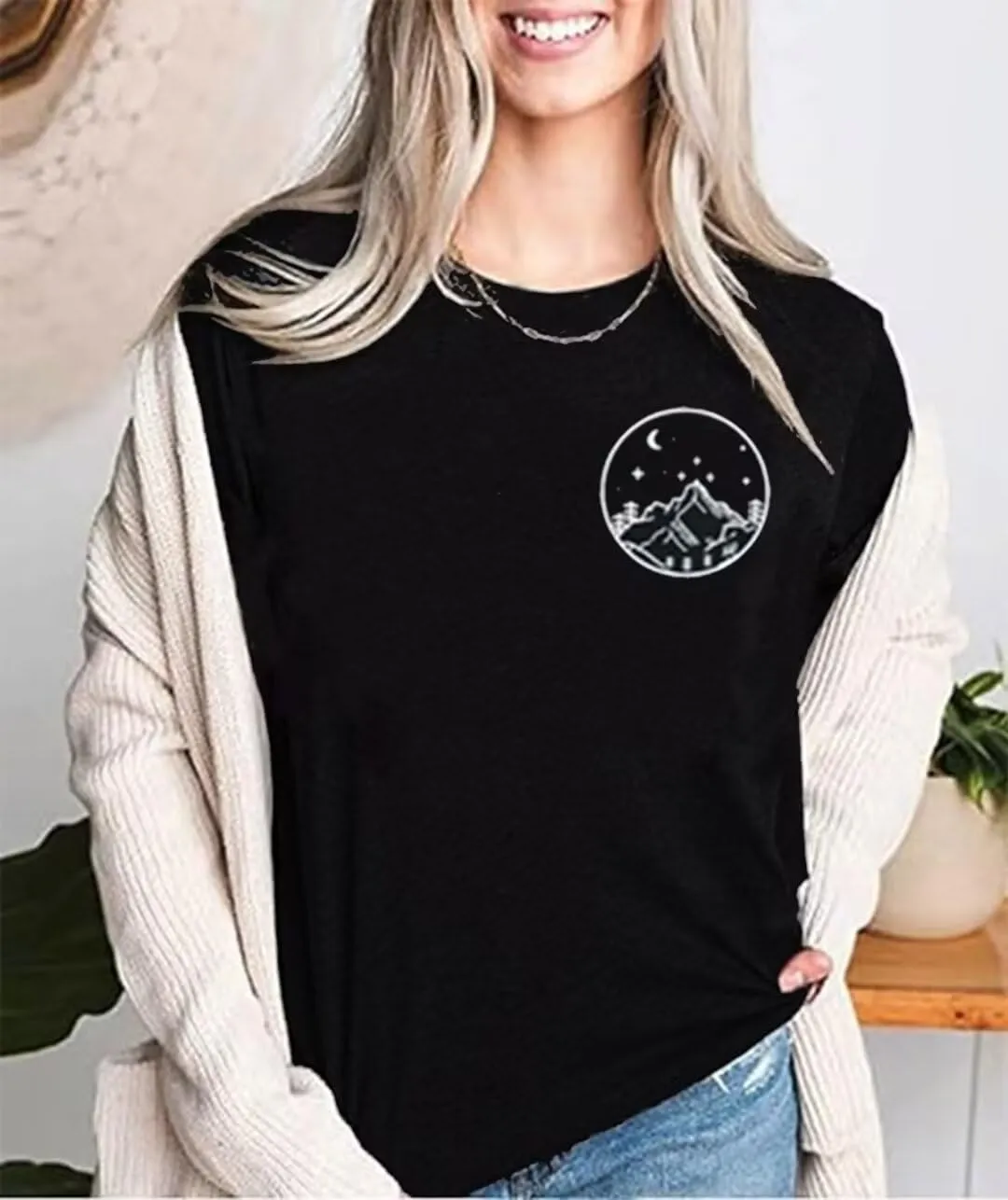 Moon and Sun Shirts for Women Vintage Graphic Tshirt Mountain Hiking Short Sleeve Tees Vacation Funny Shirt