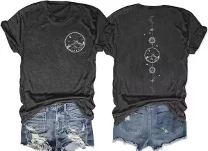 Moon and Sun Shirts for Women Vintage Graphic Tshirt Mountain Hiking Short Sleeve Tees Vacation Funny Shirt