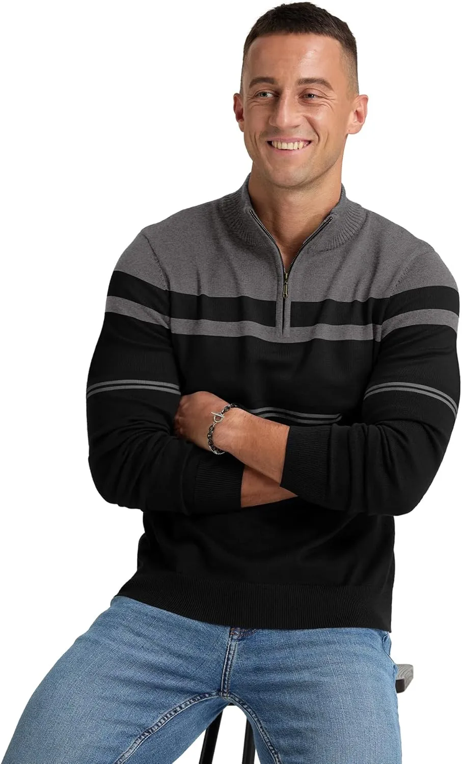 NITAGUT Mens Sweaters 1/4 Zip Up Striped Pullover Slim Fit Fall Winter Spring Long Sleeve Polo Sweaters